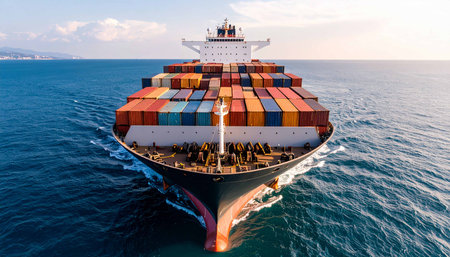 Container Cargo freight ship with working crane bridge for Logistic Import Export backgroundの素材