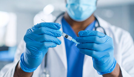 Close-up of doctor's hands in blue gloves holding a syringeの素材