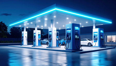 Electric car charging station at night, 3d rendering. Computer digital drawing.の素材