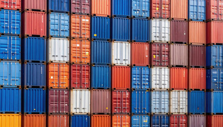 Cargo containers stacked in a container terminal. Cargo freight transportation.の素材