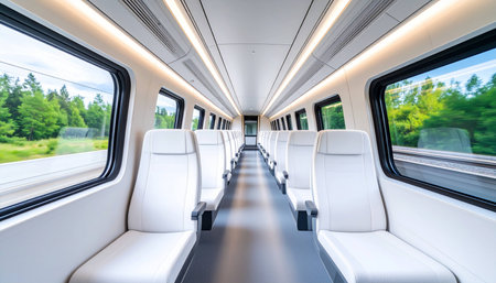 Interior of a train with white seats and a large window.の素材