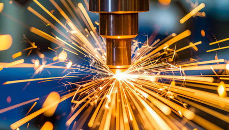 CNC Laser cutting metal with sparks flying in the air, close upの素材