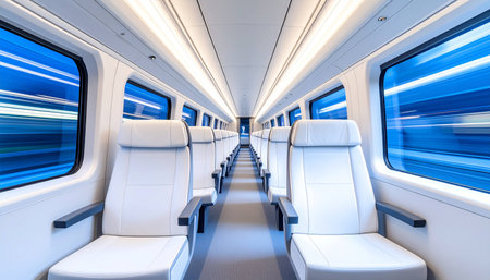 Interior of a modern passenger airplane with white seats and blue skyの素材