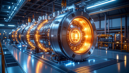 3d rendering of factory interior with conveyor belt in blue lightの素材