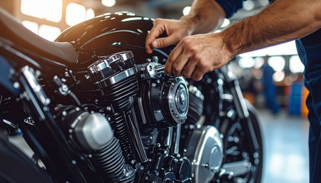 Cropped image of auto mechanic repairing motorcycle in auto repair shop.の素材