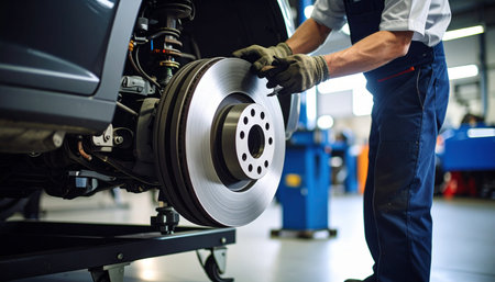 Mechanic repairing car wheel in auto repair shop. Auto service industry.の素材