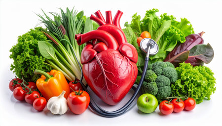 Healthy heart with stethoscope and fresh vegetables on white backgroundの素材