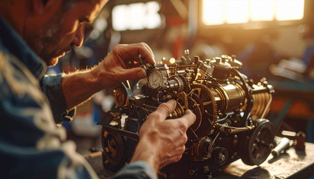 Close-up of a car mechanic working on a car engine.の素材