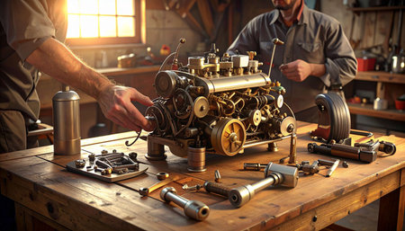 Close-up of a car engine in the workshop. Car mechanic repairing a car engine.の素材