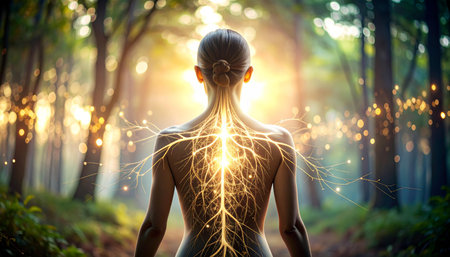 Digital composite of Woman in forest with glowing energy lines and sun flareの素材