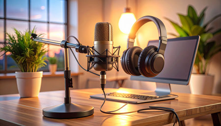 Professional microphone and headphones on table in recording studio. 3d renderingの素材