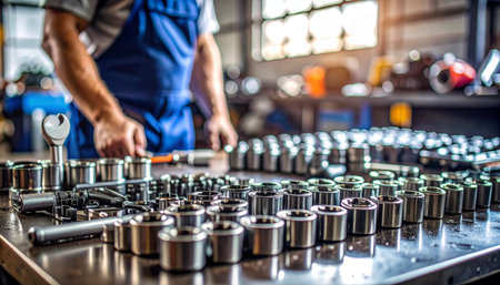 Spare parts and tools on the conveyor belt in the factoryの素材