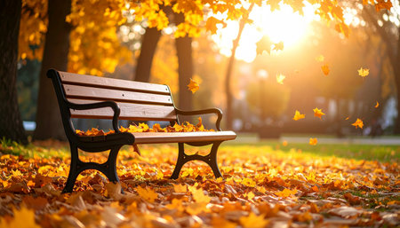 Wooden bench in the autumn park on a background of yellow leavesの素材