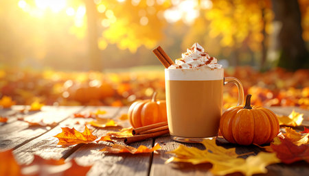 Autumn pumpkin latte with whipped cream on wooden table in parkの素材