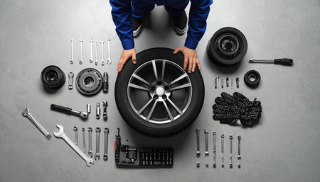 Top view of mechanic with car wheel and tools on grey background, bannerの素材