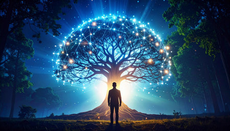Silhouette of businessman standing in front of big tree with glowing brainの素材