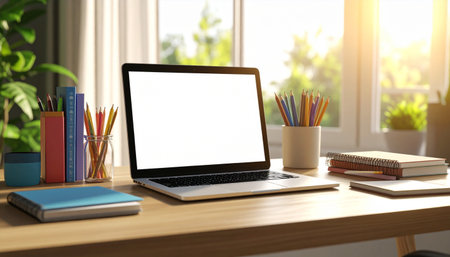 Mockup image of laptop with blank white screen on wooden table in modern officeの素材