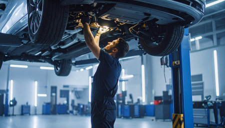 Low angle view of auto mechanic repairing car in auto repair shop.の素材