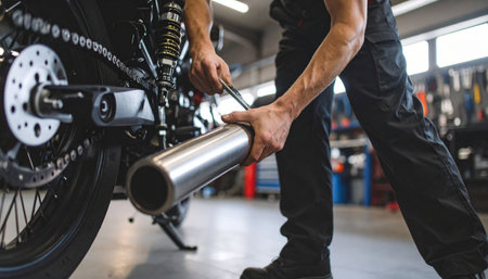 Cropped image of a mechanic repairing a motorcycle in a garage.の素材