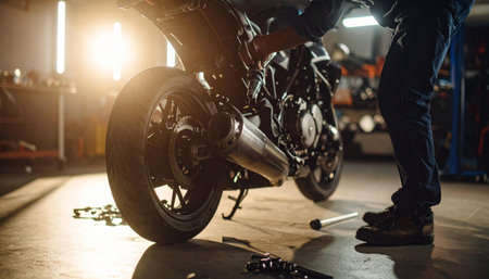 Cropped image of mechanic repairing motorbike in auto repair shop.の素材
