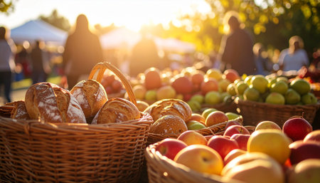 Basket of fresh breads and apples on the background of a group of peopleの素材