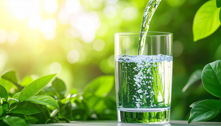 Pouring water into a glass with green leaves on nature background.の素材