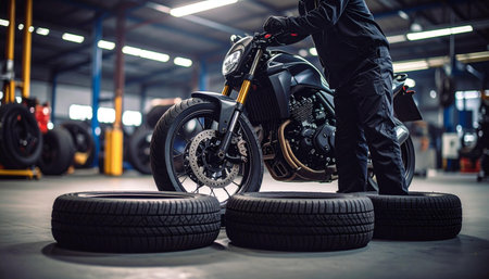 Close-up of a motorcyclist with a motorcycle in the garageの素材