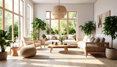 Modern living room interior design with rattan furniture, 3d renderの素材