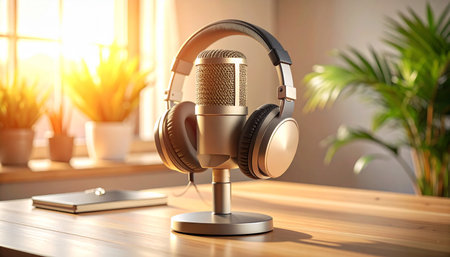 Modern microphone and headphones on wooden table in office. 3d renderingの素材