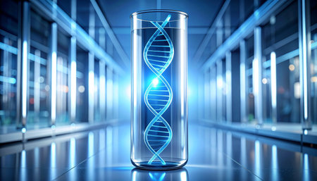 Glass test tube with DNA molecule structure on blue background. 3D renderingの素材