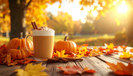 Cup of coffee with whipped cream and autumn leaves on wooden table outdoorsの素材