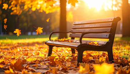 Bench in the autumn park with fallen leaves. Beautiful fall landscape.の素材