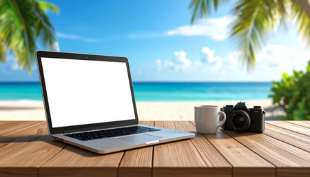 Laptop computer with blank screen on wooden table on tropical beach background.の素材