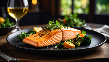 Salmon fillet with lemon and parsley on a black plateの素材