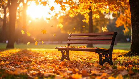 Bench in the autumn park with fallen leaves and sunbeams.の素材