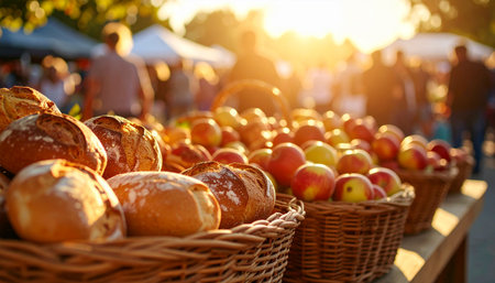 Basket of fresh breads and apples for sale at farmers marketの素材