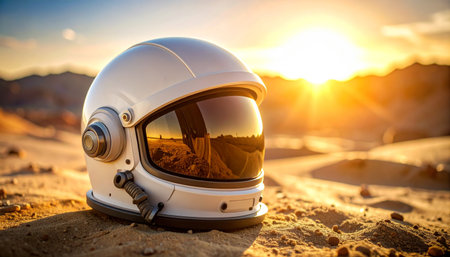 Astronaut helmet on the sand in the desert at sunrise.の素材