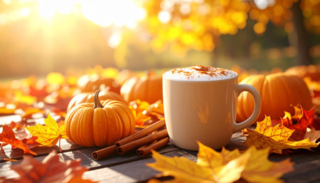 Cup of coffee and pumpkins on wooden table in autumn parkの素材