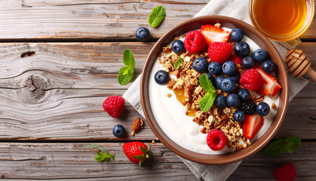 Yogurt with granola and berries in bowl on wooden backgroundの素材