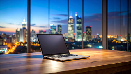 Laptop on wooden table with blurry cityscape background, business and technology conceptの素材