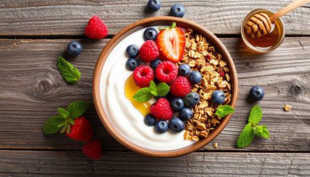 Yogurt with granola and fresh berries in bowl on wooden backgroundの素材