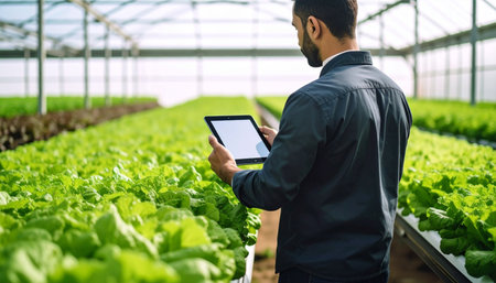 Young male farmer using digital tablet in hydroponic greenhouse. Cropped image of farmer using digital tablet in greenhouse.の素材