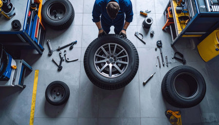 Top view of a mechanic changing a tire on a car in a workshopの素材