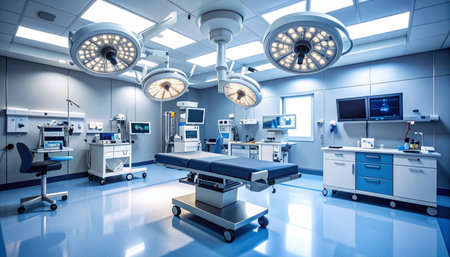 equipment and medical devices in modern operating room take with art lighting and blue filterの素材