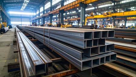 Metal profile cross section in packs at the warehouse of metal products, Russiaの素材