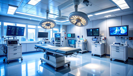 equipment and medical devices in modern operating room take with art lighting and blue filterの素材