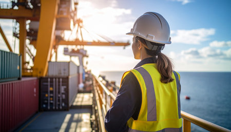 Rear view of female engineer wearing safety helmet and reflective vest standingof offshore vessel and looking at sea.の素材