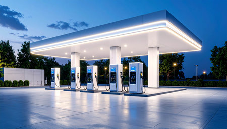 Gas station at night. Alternative energy concept. 3D rendering.の素材