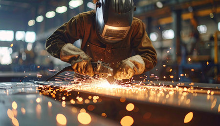 Industrial worker working with arc welding machine to weld steel at factoryの素材