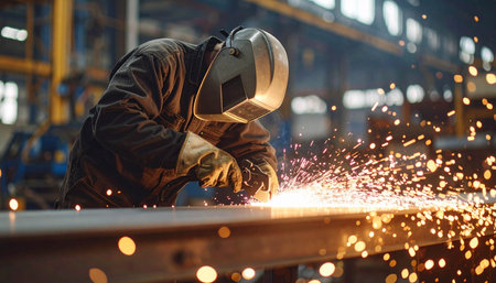 Worker with protective mask welding metal in factory. Industrial background.の素材
